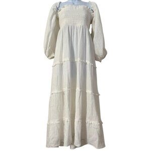 Show Me Your Mumu Midi Dress in White Sz L Gauze Smocked Cottagecore Milkmaid